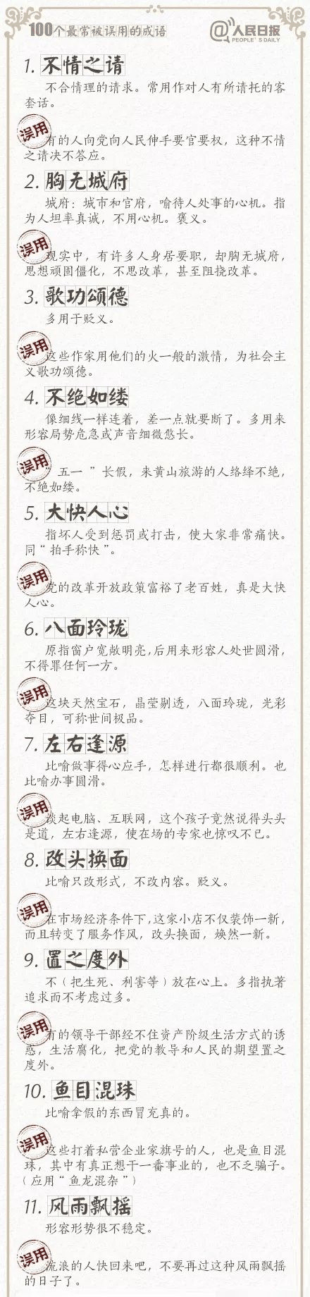 人民日報總結了100個最常被(bèi)誤用的成(chéng)語，給孩子看看，别再用錯了！