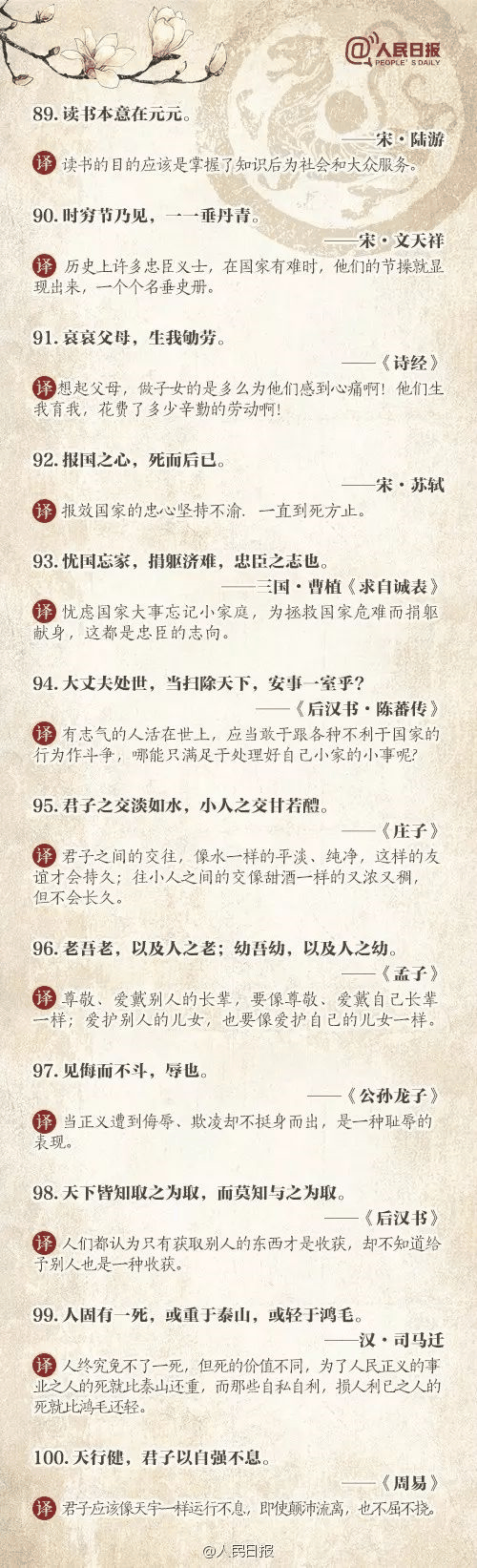 人民日報推薦：100個古代金句，做人、作文都(dōu)用得著(zhe)